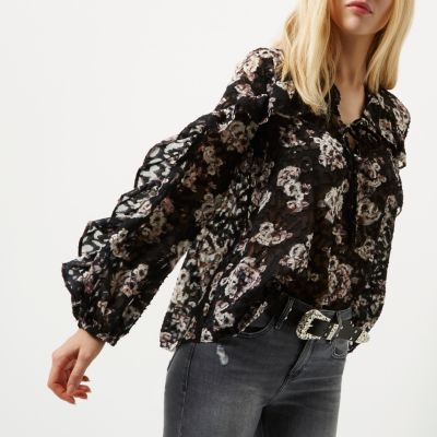 Black floral print frill blouse